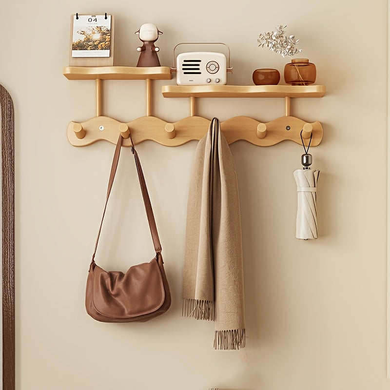 Organizador de pared estilo bohemio con 6 ganchos y colgador de llaves, diseño clásico para entrada, decoración esencial para el hogar, fácil instalación, organización del hogar | Organizador minimalista | Acabado en madera natural, decoración de pared c