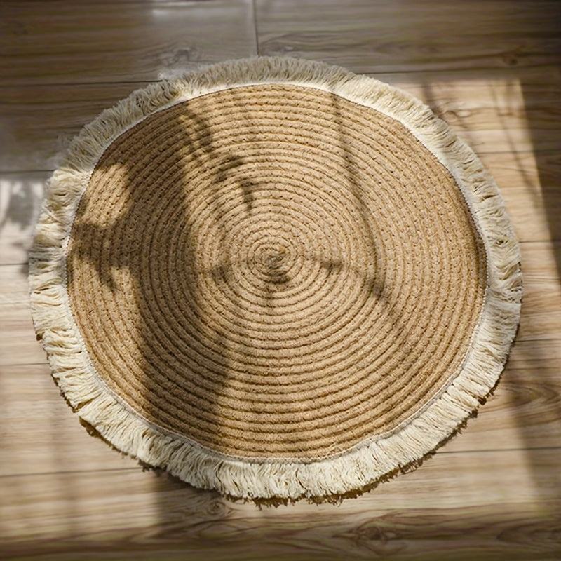 Tapete de lino tejido a mano con borlas, estilo japonés, diseño en espiral, color beige neutro, ideal para decoración de dormitorio, sala o balcón, alfombra para sala