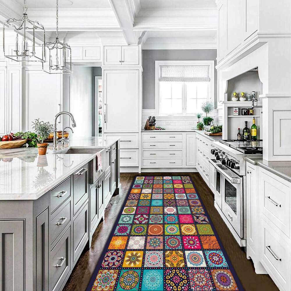 Tapete de cocina moderno y elegante con estampado vintage de mandala - Alfombra antideslizante y suave para comedor, bar y lavandería - Decoración para el hogar en poliéster lavable a máquina