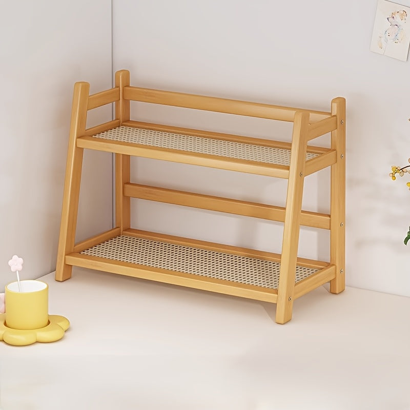 Organizador de cocina vintage estilo ratán de 2 niveles, estante para especias transpirable, repisa para baño y dormitorio, ideal para cosméticos y tazas (diseño ahorrador de espacio)