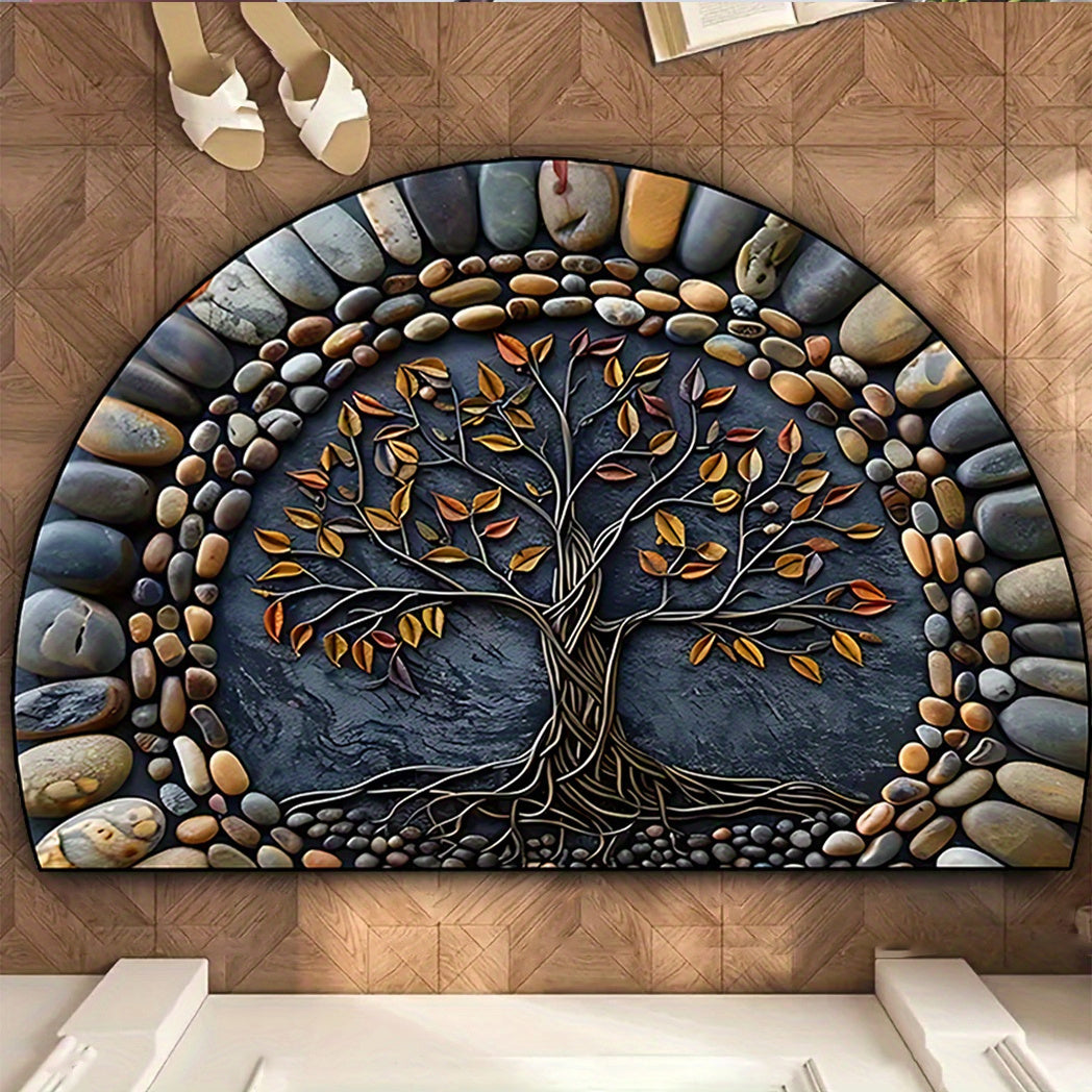 1pc Felpudo de bienvenida con árbol de la vida - Lavable, antideslizante con respaldo de silicona, poliéster, para decoración de porche/sala de estar/dormitorio/oficina y exterior