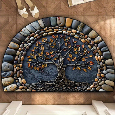 1pc Felpudo de bienvenida con árbol de la vida - Lavable, antideslizante con respaldo de silicona, poliéster, para decoración de porche/sala de estar/dormitorio/oficina y exterior