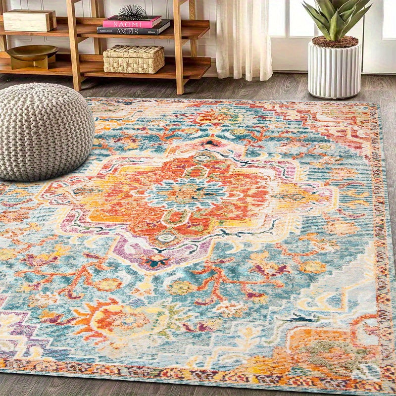 1 pieza de alfombra de área al aire libre bohemio vintage - Suave, lavable a máquina poliéster, alfombra rectangular ligera con patrón floral, antideslizante, duradera para RV, camping, pícnic, balcones, suelos de madera dura - Ideal para decoración de h