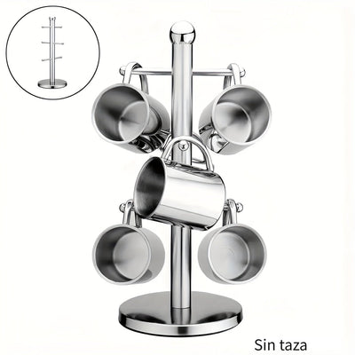 1pc Soporte de árbol de taza de acero inoxidable, acabado pulido, soporte de 6 tazas, con base antideslizante, para almacenamiento de tazas de café y té, mesa plana, encimera de cocina y mesa de gabinete