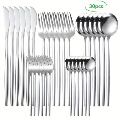 Juego de Cubiertos de Acero Inoxidable de 30 Piezas, Juego de Cuchillo Tenedor Cuchara, Juego de Vajilla, Incluye Juego de Cuchillo Tenedor Cuchara, Apto para Casa, Restaurante, Hotel, Fiesta, Boda, Lavavajillas