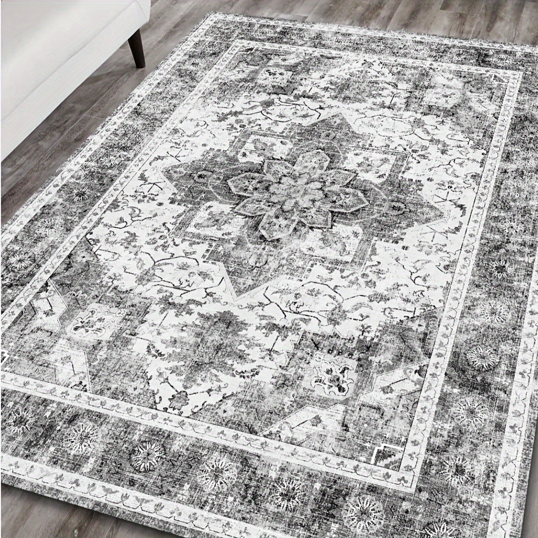 Alfombra de área persa bohemia vintage lavable a máquina - Alfombra de interior ligera antideslizante de PVC de pelo bajo y respaldo cuadrado para habitación y dormitorio, material 100% PVC, hecha a máquina.