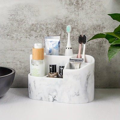 Portacepillos de resina color mármol blanco, organizador de baño independiente para cepillo de dientes eléctrico, pasta dental, rastrillo, bolas de algodón, hisopos, hilo dental y caja de almacenamiento para artículos de maquillaje