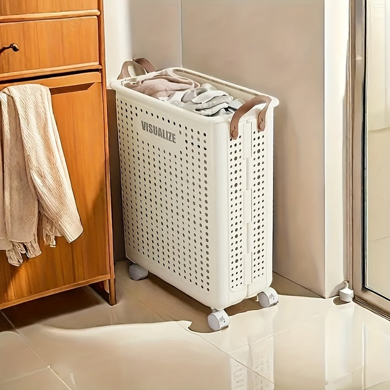 1pc Cesta Grande Blanca Plegable con Ruedas y Asa - Organizador de Plástico Duradero para Toallas, Ropa, Juguetes - Solución Portátil Ahorradora de Espacio para Hogar, Cocina, Baño, Spa