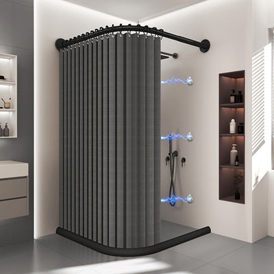 Cortina de baño plegable para esquinas curvas, 1 juego, separación de áreas secas y húmedas, con ganchos rodantes negros, succión magnética doble, material de lino imitación en ambos lados, ideal para baño de casa o vestidor