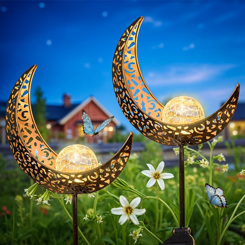 Luz de forma de luna alimentada por energía solar - Decoración de metal impermeable con vidrio agrietado, ideal para césped y jardín, iluminación de camino al aire libre (IP65), batería de níquel cargada por energía solar, 600mAh, iluminación de camino a