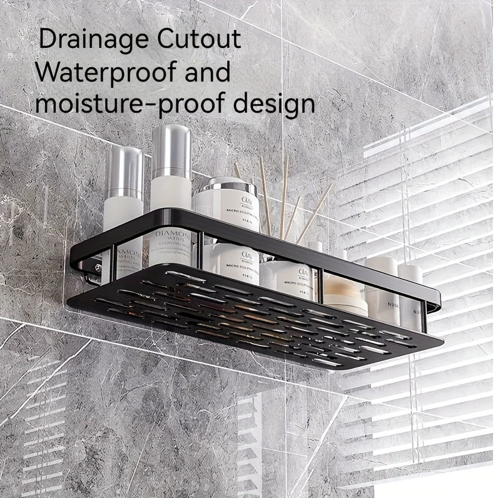 1pc Estante de Esquina de Metal Negro Elegante - Sin Taladro, Estante de Almacenamiento de Baño Montado en la Pared para Champú, Loción, Cosméticos con Barra de Toalla y Portacepillos de Dientes, Diseño Moderno Minimalista
