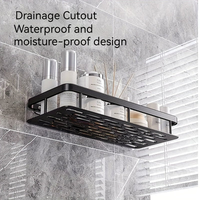 1pc Estante de Esquina de Metal Negro Elegante - Sin Taladro, Estante de Almacenamiento de Baño Montado en la Pared para Champú, Loción, Cosméticos con Barra de Toalla y Portacepillos de Dientes, Diseño Moderno Minimalista