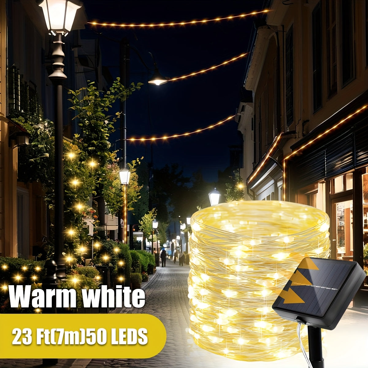 1pc 7.0/11.99/21.9metros Luces Solares de Cadena LED para Exteriores, Alambre Plateado 8 Modos Luces Solar Hadas para Jardín Patio Árbol Navidad Centro Comercial Fiesta Boda Decoración de Patio Blanco Cálido (colorido)(blanco) IP65 Iluminación Comercial