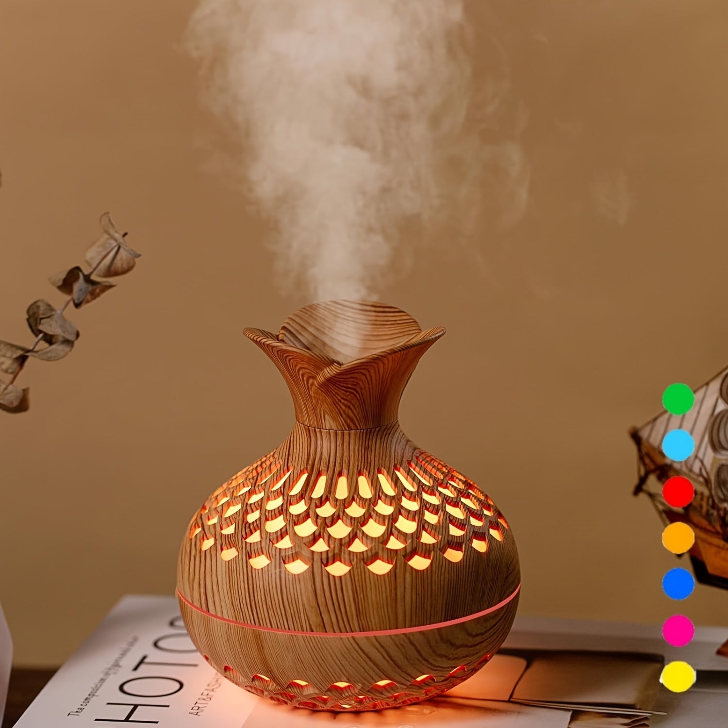 Humidificador mini colorido con forma de flor, humidificador personal USB para auto, oficina, habitación, etc., 2 modos de niebla, 7 colores, súper silencioso, capacidad de 300 ml