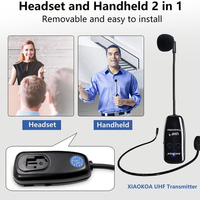 Auriculares con Micrófono Inalámbrico Recargable - Micrófono de Mano 2-en-1 con Receptor UHF para Sistemas de PA, Ideal para Discursos Públicos y Enseñanza, Carga USB Tipo-C