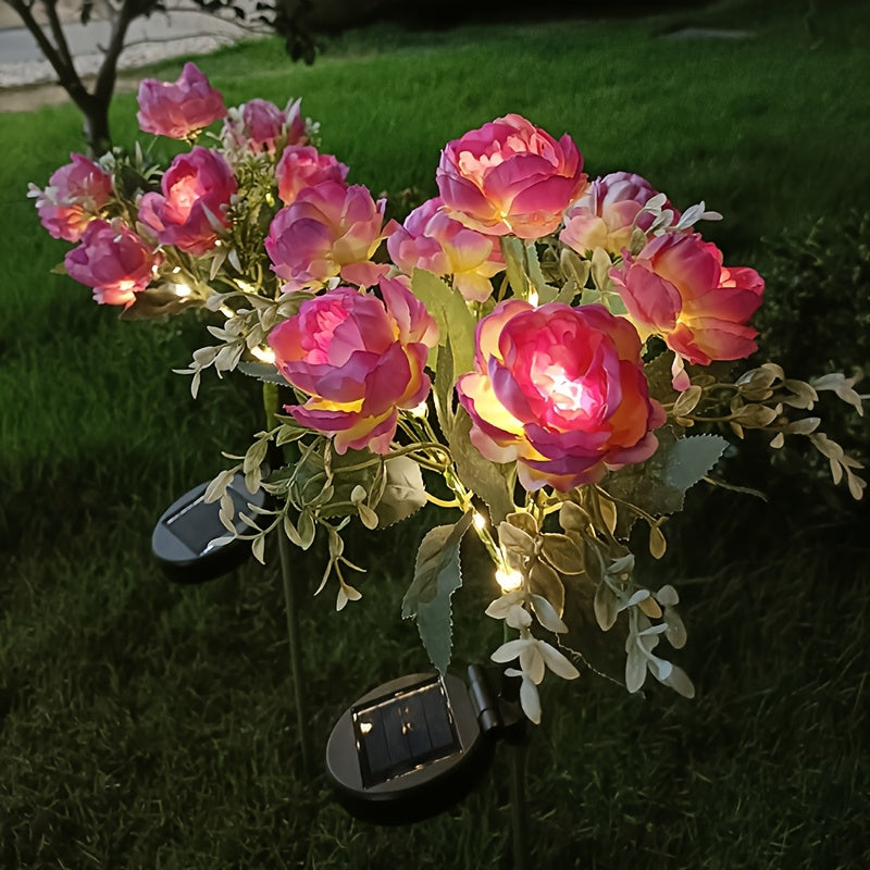 Luces de jardín LED de 7 cabezas con flores de peonía, alimentadas por energía solar - Luces decorativas para exteriores con flores artificiales rosas y blancas, cargadas por energía solar para patio, jardín y balcón, decoraciones solares para exteriores