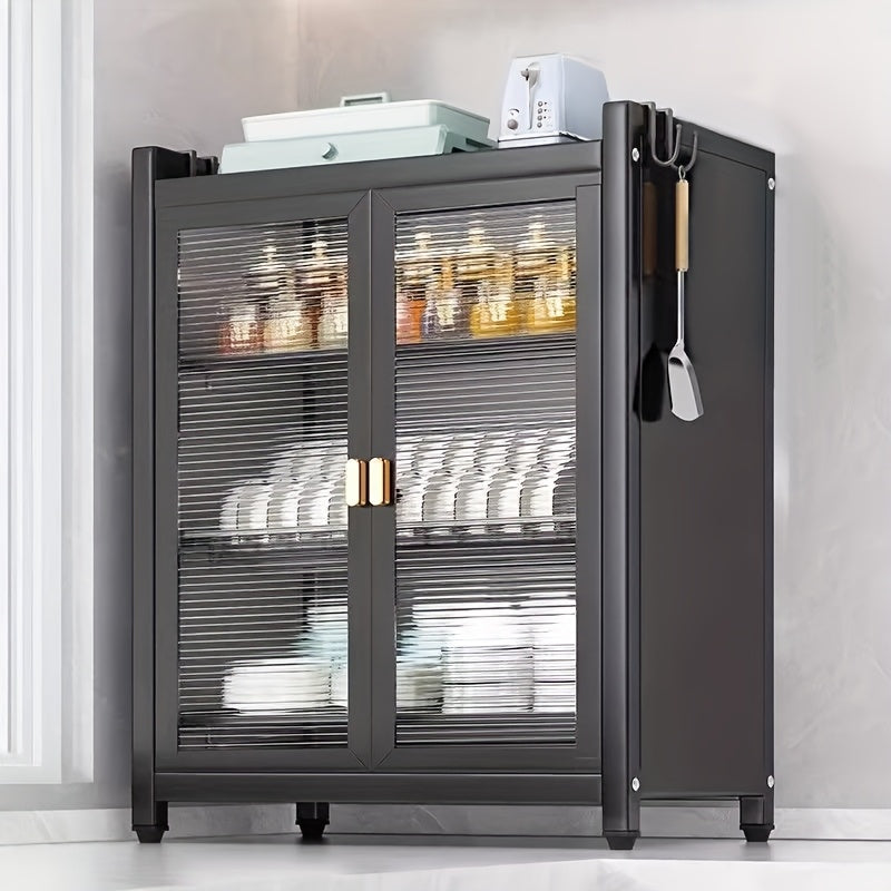 Estante de secado de platos de varios niveles moderno negro con puertas dobles a prueba de polvo, ganchos para utensilios y bandeja de goteo - Organizador de almacenamiento de cocina que ahorra espacio para platos, tazones y utensilios, estante de secado
