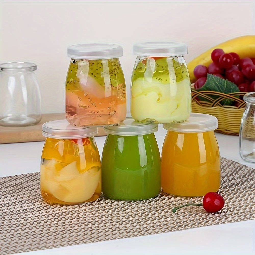 10pcs Tarros de Vidrio Transparentes de 4oz con Tapas de PE - Perfectos para Yogur, Pudín, Leche, Mermelada, Gelatina, Mousse y Miel - Contenedores Redondos Reutilizables para Almacenamiento en la Cocina del Hogar