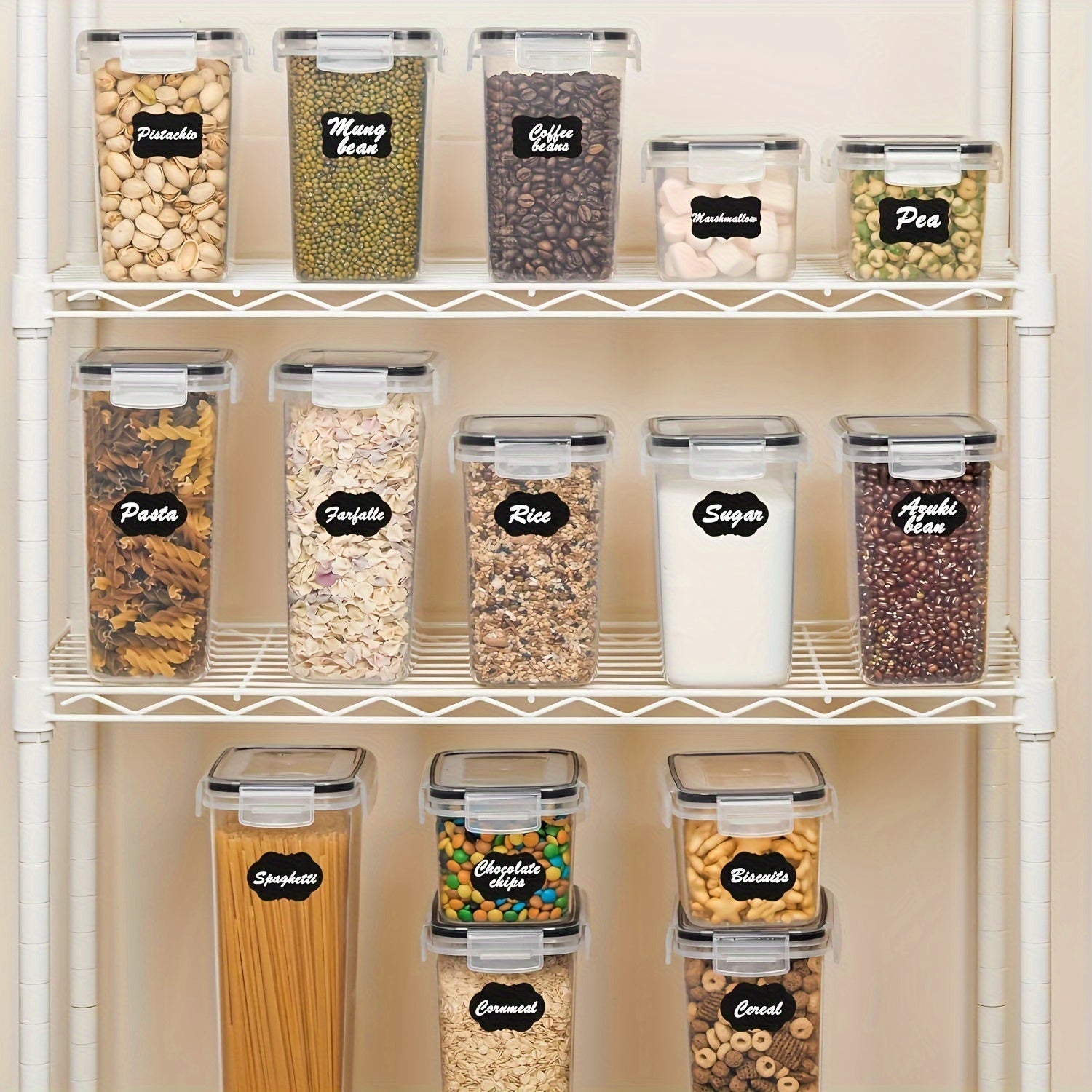 Juego de 4/8 contenedores de almacenamiento de alimentos herméticos - Recipientes de cocina de plástico sin BPA para cereales, harina, azúcar, pasta | Organización de despensa con tapas y etiquetas, La Vida