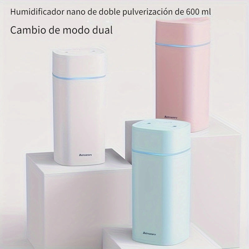 Humidificador portátil de 600 ml con doble orificio USB, tecnología de ondas de sonido silenciosas, niebla fresca con cambios de iluminación colorida, modo dual, apagado automático, enchufe USB hasta 6 horas, incluye aromaterapia para iluminación ambient