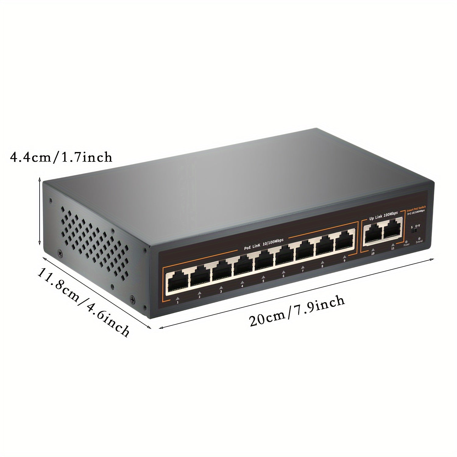 Conmutador PoE de 9 Puertos, Incluye 9 Puertos PoE y 2 Enlaces Upstream, PoE 100Mbps, IEEE802.3af/at, Fuente de Alimentación Interna de 120W, Función VLAN, Extensión de 250 Metros, Plug and Play, Metal sin Ventilador