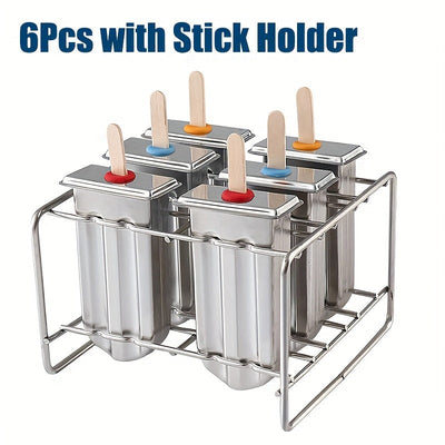 Juego de 6/10 moldes para paletas de hielo de acero inoxidable 304 con tapa y base de soporte para paletas de hielo de acero inoxidable y molde de paleta de hielo de metal DIY para hacer paletas de frutas creativas, herramientas de cocina