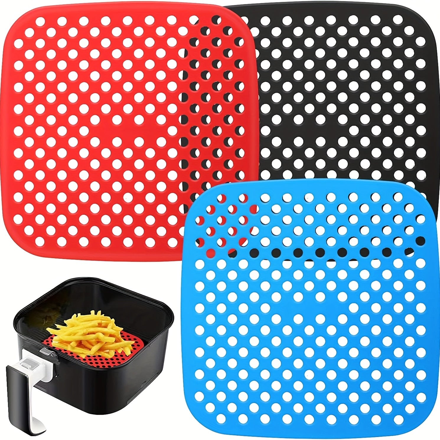 3 Piezas de Tapetes de Silicona para Freidora de Aire, Antideslizantes y Resistentes al Calor hasta 230°C - Soporte Multi-Tamaño y Protector de Encimera para Ninja/Philips/Cosori (Apto para Lavavajillas)