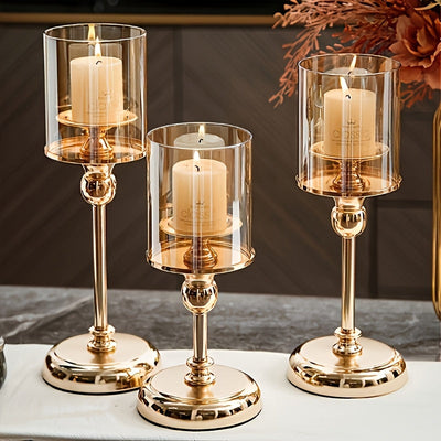 Juego de 3 Portavelas Elegantes de Vidrio y Metal Dorado - Acero Inoxidable, Cena Romántica y Diseño de Mesa para Decoración del Hogar