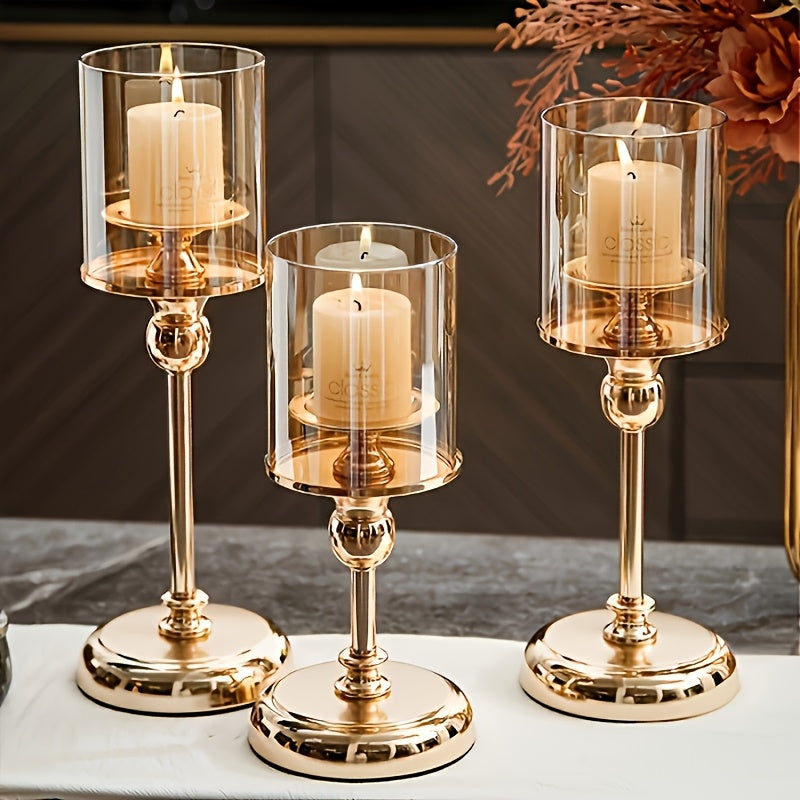 Juego de 3 Portavelas Elegantes de Vidrio y Metal Dorado - Acero Inoxidable, Cena Romántica y Diseño de Mesa para Decoración del Hogar