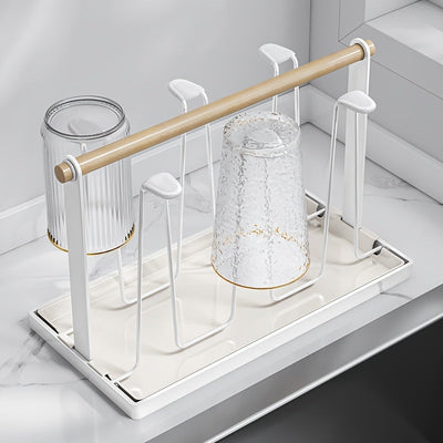 Estante de secado de tazas con mango de madera, soporte de tazas de metal con 6 bandejas de drenaje desmontables, diseño de hierro duradero, recubrimiento anticorrosivo, estante de secado de platos para encimera de cocina.