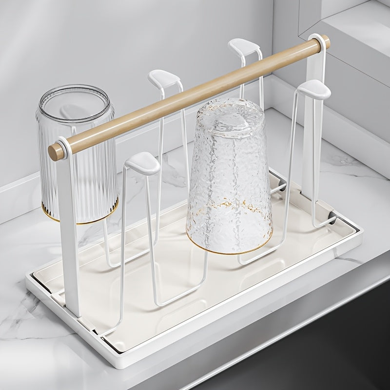 Estante de secado de tazas con mango de madera, soporte de tazas de metal con 6 bandejas de drenaje desmontables, diseño de hierro duradero, recubrimiento anticorrosivo, estante de secado de platos para encimera de cocina.