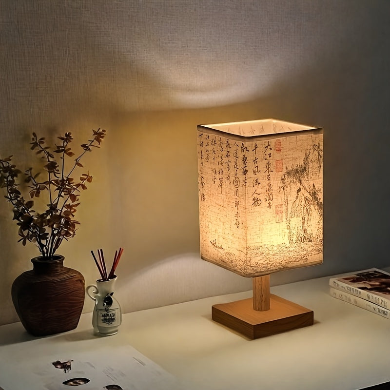 Lámpara de escritorio de estilo caligráfico tradicional, base de madera, sombra de tela de estilo antiguo, lámpara ahorradora de energía, cable USB, lámpara independiente con soporte, adecuada para dormitorio, sala de estar, decoración de tema espacial.