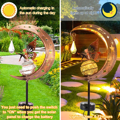 Luz solar para jardín de hadas con diseño de luna FACHOI - LED dorado elegante con esfera de vidrio agrietado y silueta de metal, ideal para decoración de caminos, césped, patios e iluminación exterior, decoración de cuento de hadas, opción de iluminació
