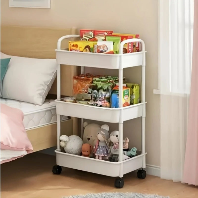 Carro de Almacenamiento Rodante de 3 Niveles con Ruedas - Organizador Compacto Multiusos para Cocina, Baño y Dormitorio - Diseño Fácil de Mover con Mango Flexible, Estantería Ahorradora de Espacio, Carrito de Baño, Construcción Robusta, Estantes