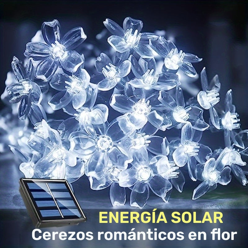 Luces LED solares en forma de flores, 7m con 50 LEDs, 8 modos, flores de cerezo plásticas, parpadeo, control con botón, color blanco, decoración para jardín, balcón, terraza y bodas, carga solar, batería de níquel 600mAh, módulo fotovoltaico removible