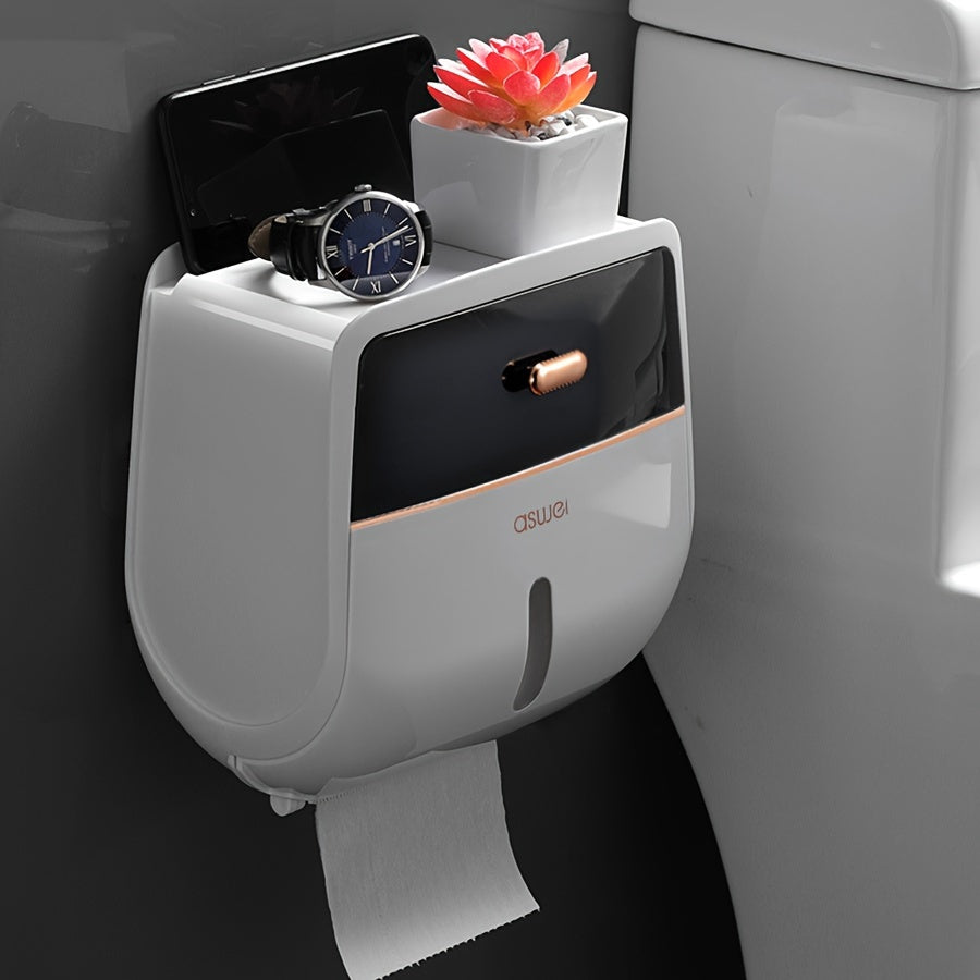 ASWEI Cajón de pañuelos de pared de gran capacidad con estantería, soporte de papel higiénico de plástico autoadhesivo, organizador de pared para baño y cocina