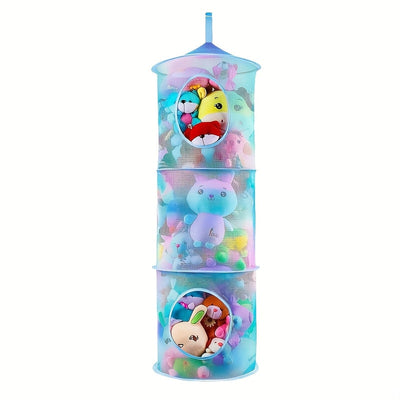 Organizador de malla colgante de 3 niveles con jaulas abiertas apilables - Ideal para animales de peluche, hamaca de juguetes multiusos, hamaca de red de almacenamiento cilíndrica - Poliéster, estilo vintage, cestas de estantes