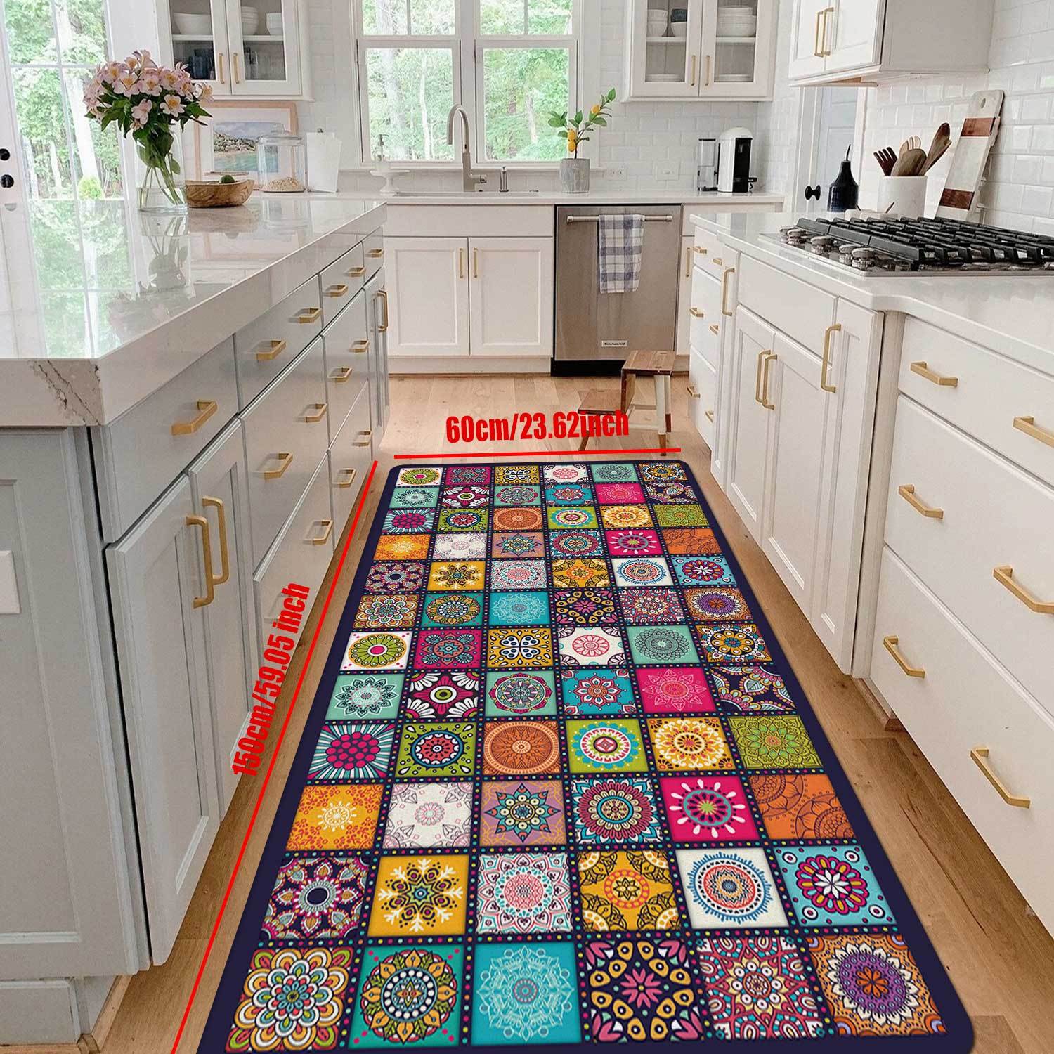 Tapete de cocina moderno y elegante con estampado vintage de mandala - Alfombra antideslizante y suave para comedor, bar y lavandería - Decoración para el hogar en poliéster lavable a máquina