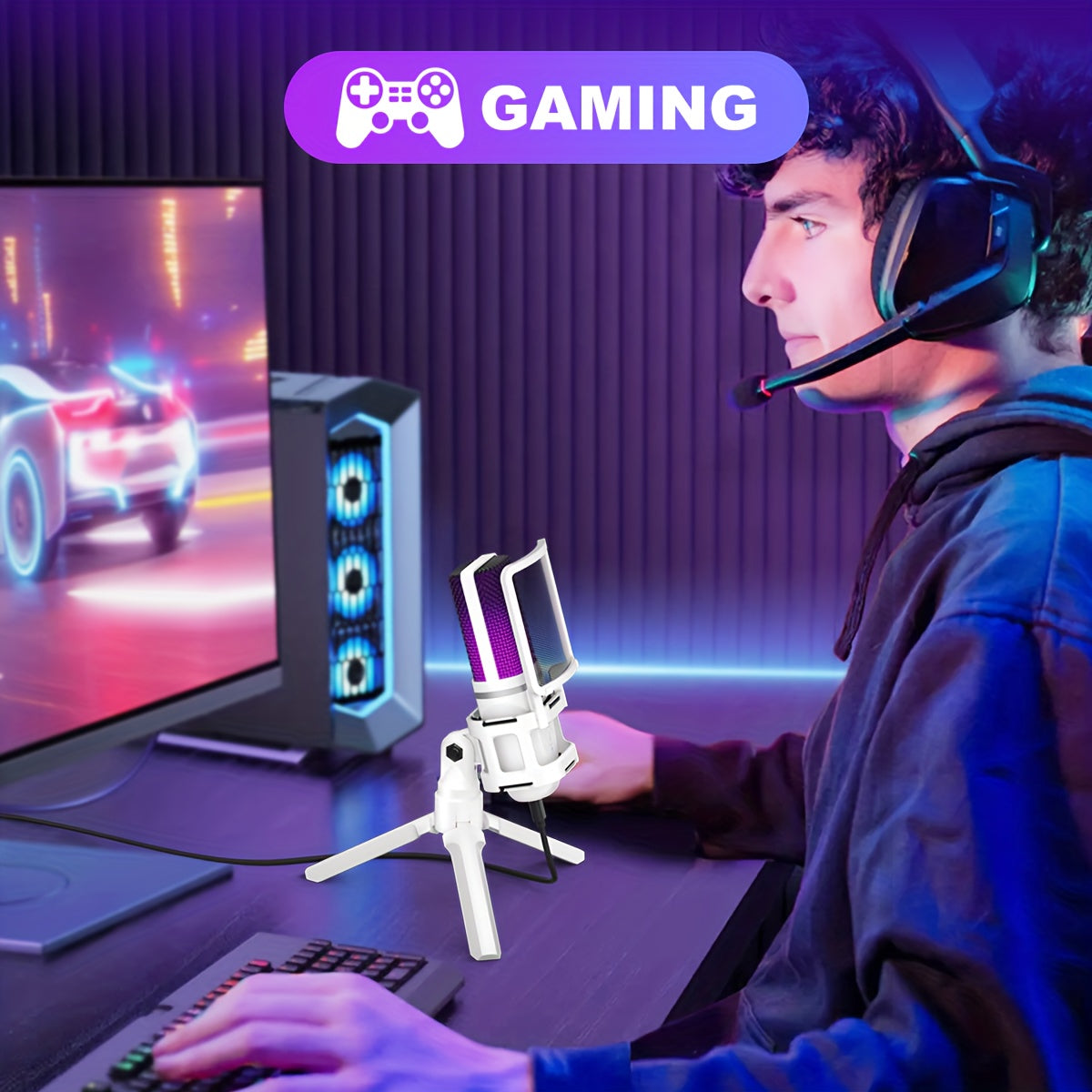 Micrófono de condensador USB Zealsound con iluminación RGB, Plug-and-Play, compatible con PCs, PS4 y PS5, Mac, teléfonos móviles, perfecto para Discord, Zoom, grabación, incluye adaptador Type-C, botón silencioso, soporte trípode, filtro pop y soporte an