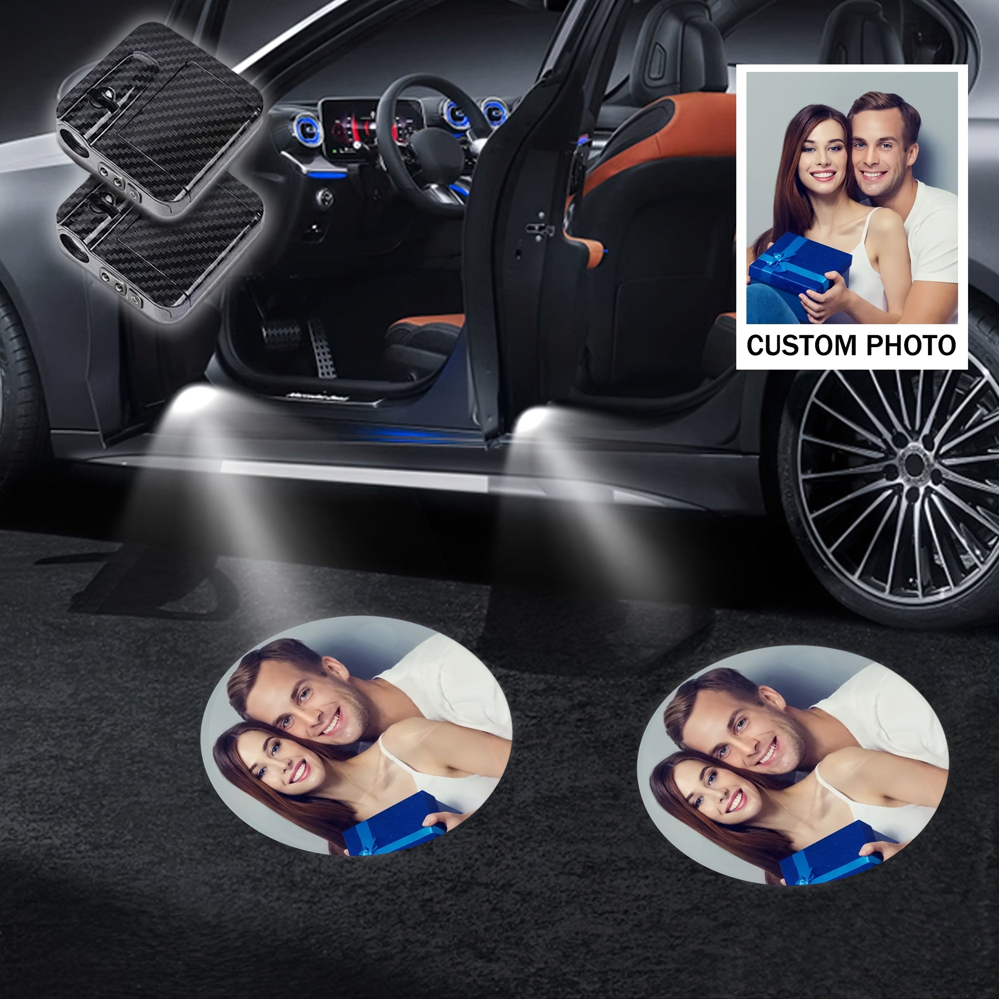 2/4 piezas de fotos personalizadas - Regalo personalizado, luz de bienvenida para coche LED, fotos personalizadas de parejas, texto, mascotas, padre, madre, mujer, novio, novia, batería no incluida.