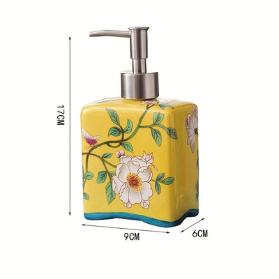 Dispensador de jabón vintage, práctico y recargable, estilo chino, contenedor de champú, porcelana floral, botella de jabón de cerámica antideslizante para el hogar