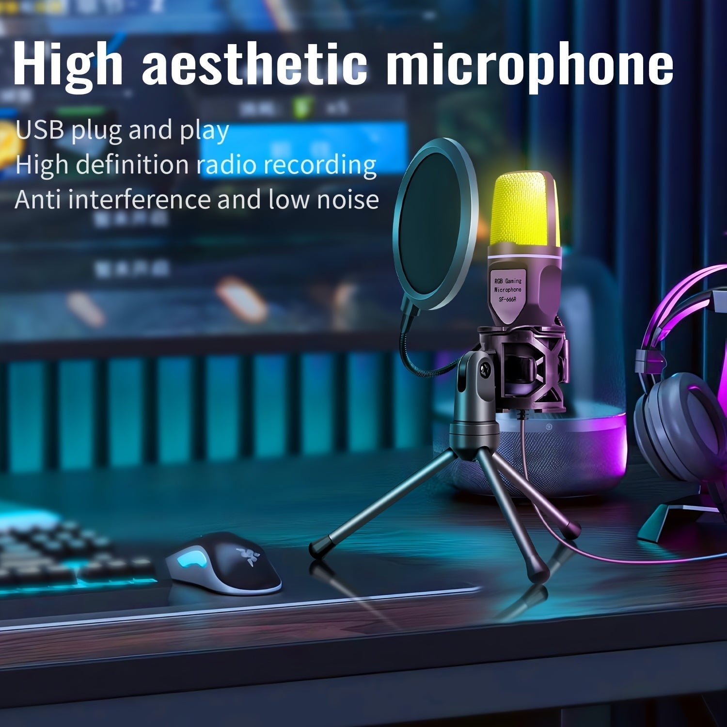 Micrófono condensador RIKSOIN USB, iluminación RGB, soporte de trípode ajustable de 3 etapas, negro, con conector USB Type-A, para juegos, canto, karaoke, videoconferencia, transmisión, portátil y escritorio