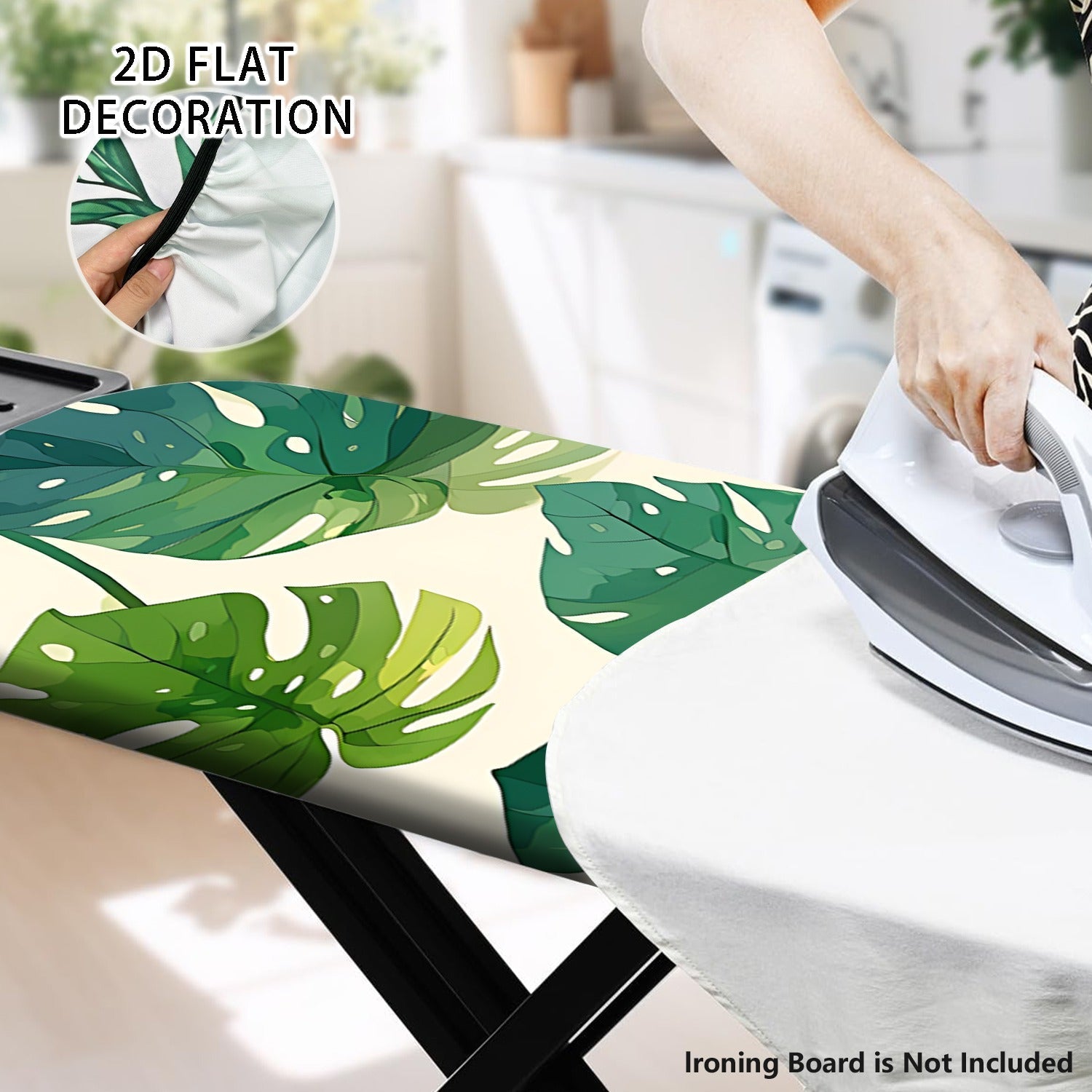 2D Plano, Cubierta de Tablero de Planchar 2D con Estampado de Hojas Tropicales - Ajuste Reajustable, Borde Elástico y Correas de Fijación, Diseño Blanco y Verde, Incluye Soporte de Lavadora y Tablero de Planchar, Cubierta de Lavadora, Decoración de Habit