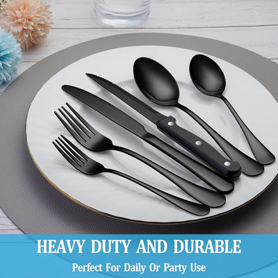 Juego de vajilla de acero inoxidable negro de 24/48 piezas, que incluye cuchillos para bistec, tenedores, cucharas, tenedores y cucharas para postres, adecuado para cocina doméstica/restaurante/hotel/exteriores/fiesta/Día de Halloween/Día del Padre, apto