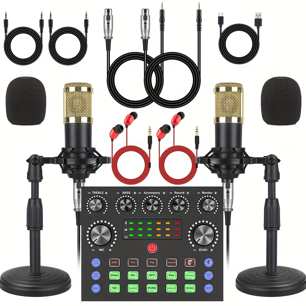 Paquete de equipo de podcast para 2, V8s Audio Interface con tarjeta de sonido en vivo todo en uno y micrófono condensador BM800, micrófono de podcast, perfecto para grabaciones, transmisiones en vivo.