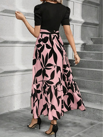 Vestido Elegante con Estampado Floral y Cinturón - Cuello Redondo, Manga Corta, Diseño en A para Mujer - Perfecto para Primavera y Verano