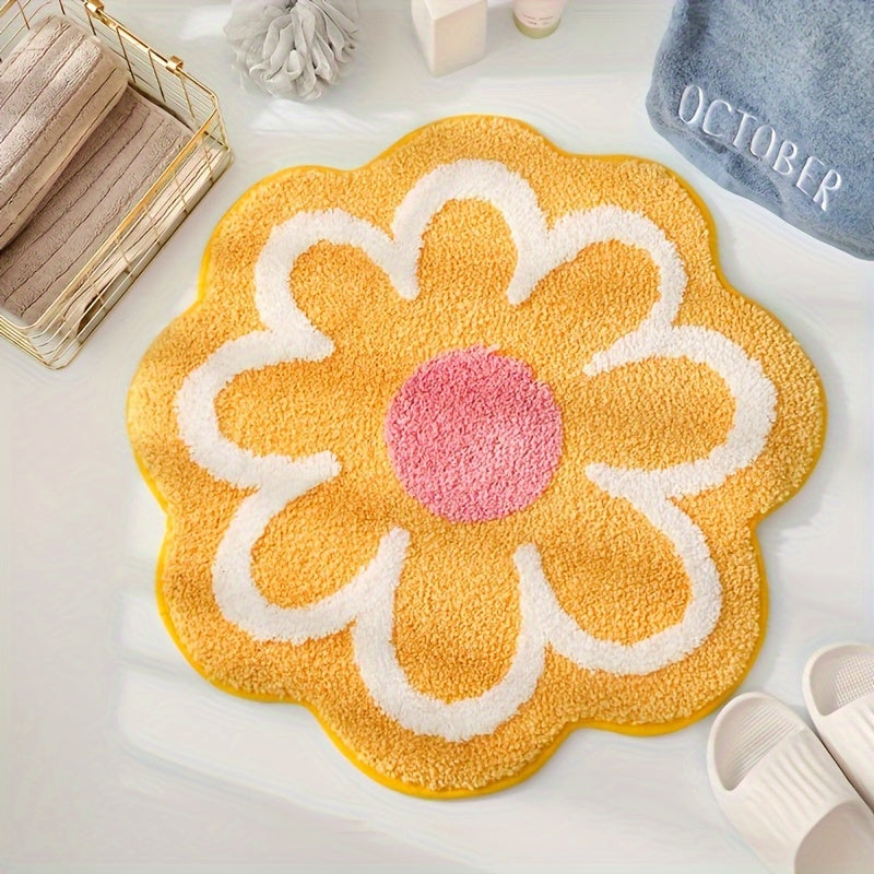 1pc Alfombra de Suelo con Diseño Floral de Margaritas - Forma Irregular, Base Antideslizante en PVC, Lavado a Mano, Decoración Acogedora para Dormitorio o Baño, Regalo Ideal para Fiestas, Textura Tejida Suave y Duradera, Material Resistente, Diseñadores