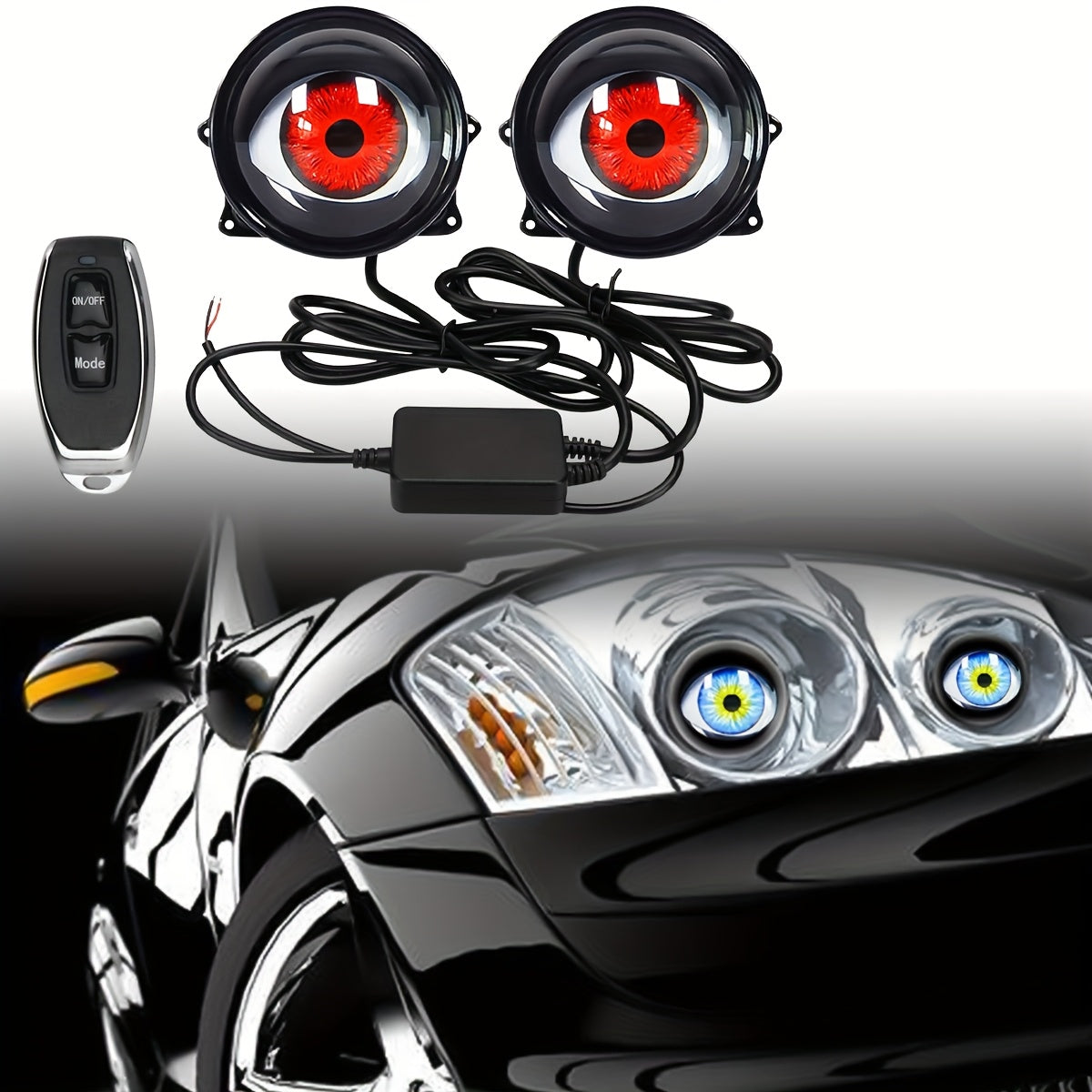 1 pieza/2 piezas luces LED decorativas de neón con diseño de ojos para auto/moto 12V, luces de modificación creativa, multicolor, ideales para decoración exterior de autos y motos, luces ambientales divertidas e interactivas