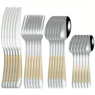 Juego de cubiertos de acero inoxidable con diseño de estrella, 24 piezas - Incluye cuchillo para carne, tenedor, cuchara y cuchara de postre - Ideal para hoteles y restaurantes
