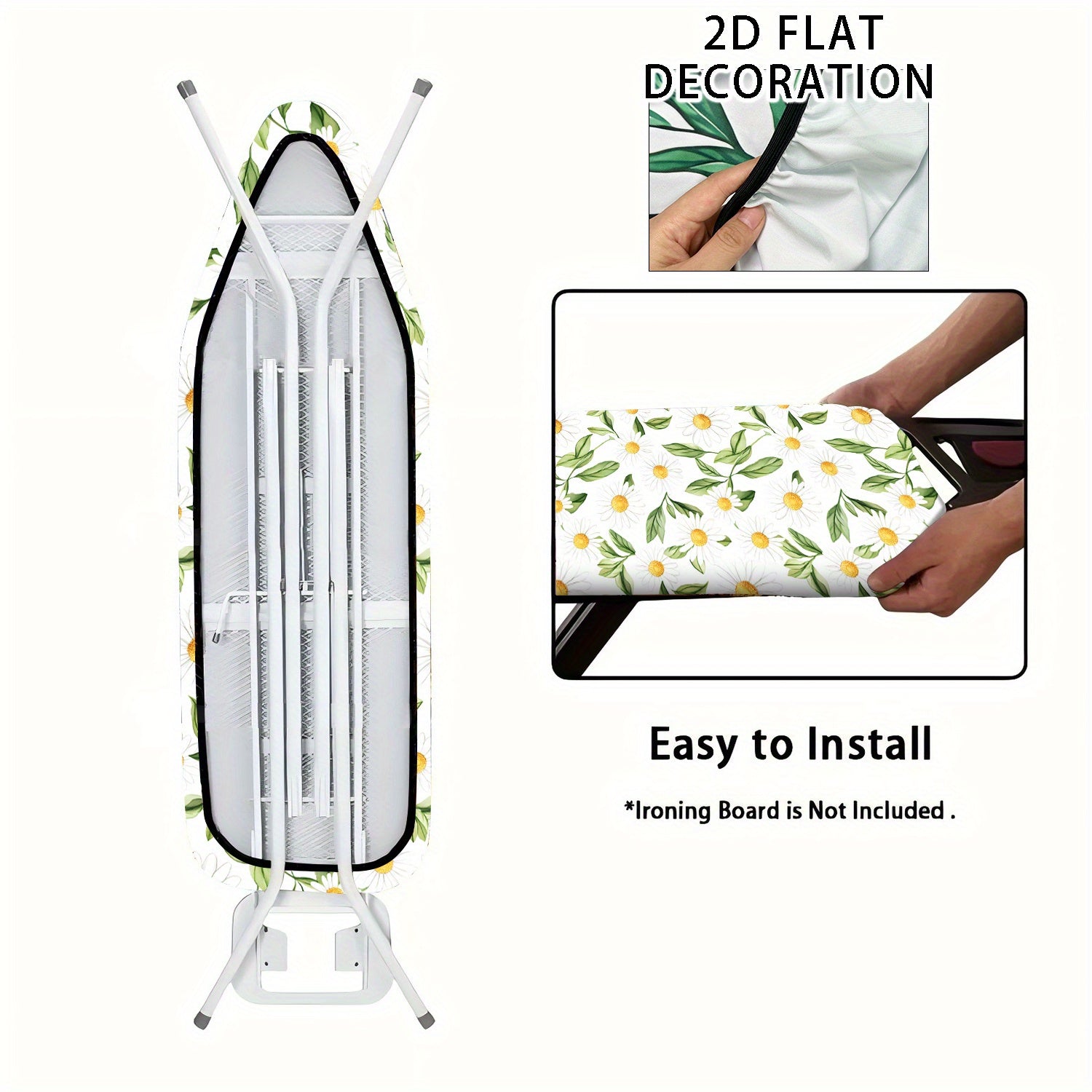 Funda de tabla de planchar 2D de diseño plano - Tamaño completo, relleno resistente al quemado, borde elástico, resistente, lavable en máquina - 1 pieza, blanco con patrón floral amarillo y verde, ideal para decoración de la habitación de lavado en casa,